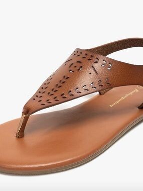 Women's Brown Laser-Cut Leather T-Strap Sandals